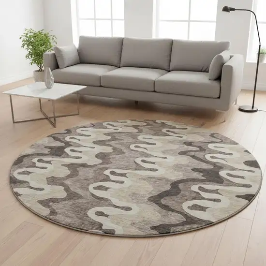 8' Taupe Beige And Brown Abstract Washable Round Rug With UV Protection Photo 2