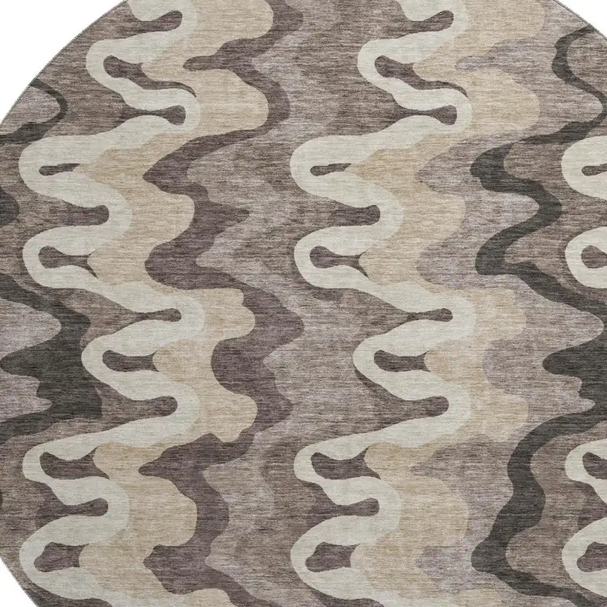 8' Taupe Beige And Brown Abstract Washable Round Rug With UV Protection Photo 3