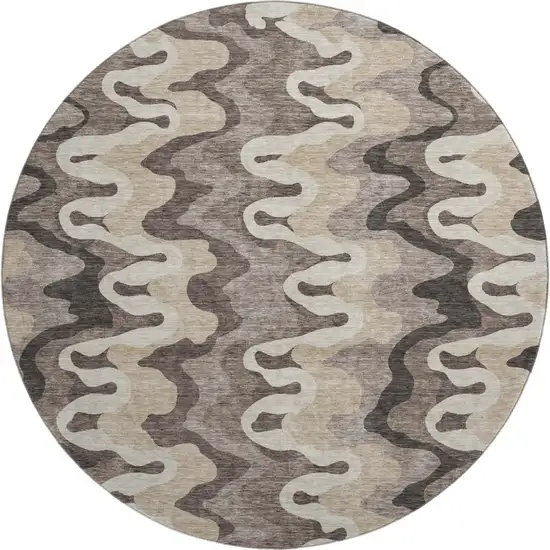 8' Taupe Beige And Brown Abstract Washable Round Rug With UV Protection Photo 1