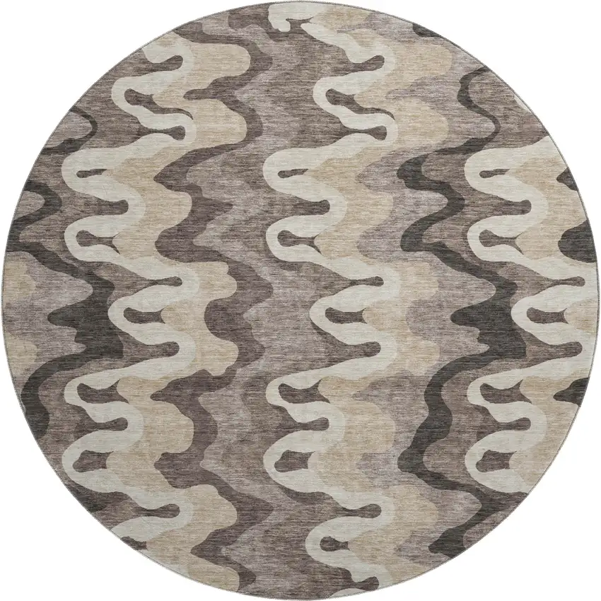 8' Taupe Beige And Brown Abstract Washable Round Rug With UV Protection Photo 1