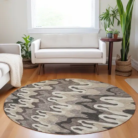 8' Taupe Beige And Brown Abstract Washable Round Rug With UV Protection Photo 5