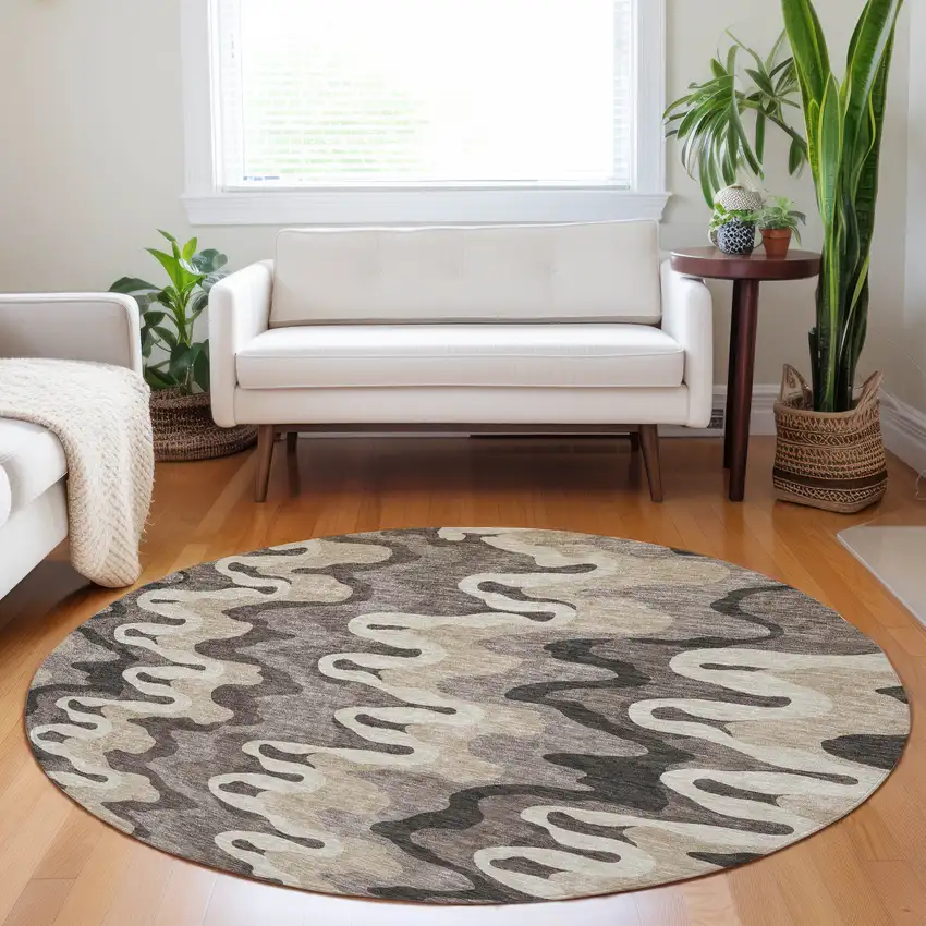 8' Taupe Beige And Brown Abstract Washable Round Rug With UV Protection Photo 5