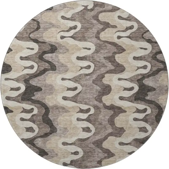 8' Taupe Beige And Brown Abstract Washable Round Rug With UV Protection Photo 4