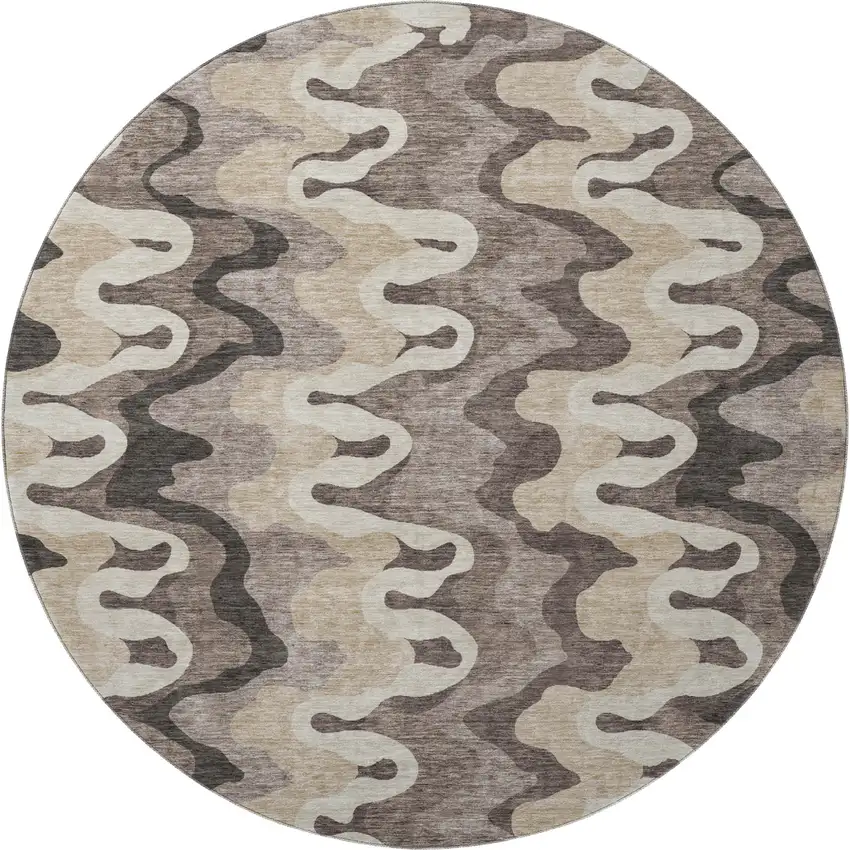 8' Taupe Beige And Brown Abstract Washable Round Rug With UV Protection Photo 4
