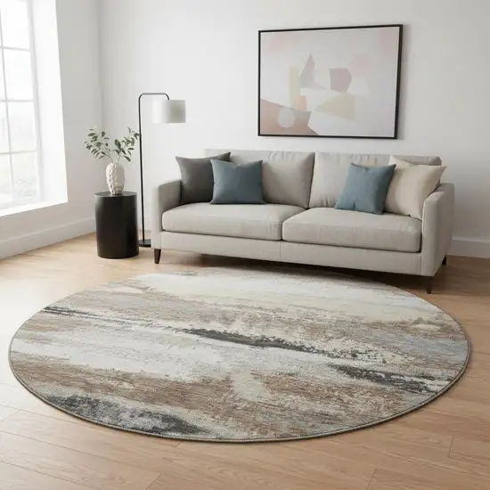 8' Taupe Beige And Brown Abstract Washable Round Rug With UV Protection Photo 2