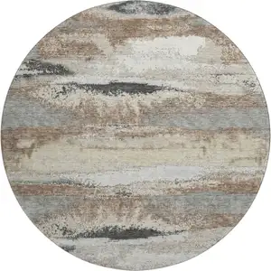 Photo of 8' Taupe Beige And Brown Abstract Washable Round Rug With UV Protection