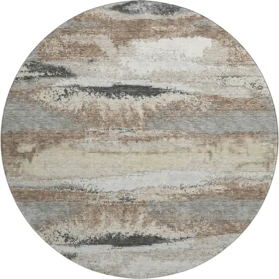 8' Taupe Beige And Brown Abstract Washable Round Rug With UV Protection Photo 1