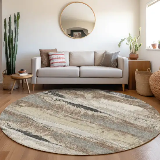 8' Taupe Beige And Brown Abstract Washable Round Rug With UV Protection Photo 4