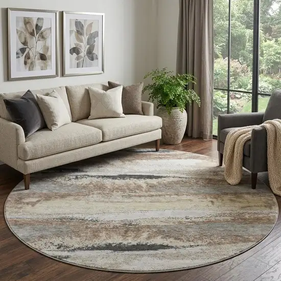 8' Taupe Beige And Brown Abstract Washable Round Rug With UV Protection Photo 1