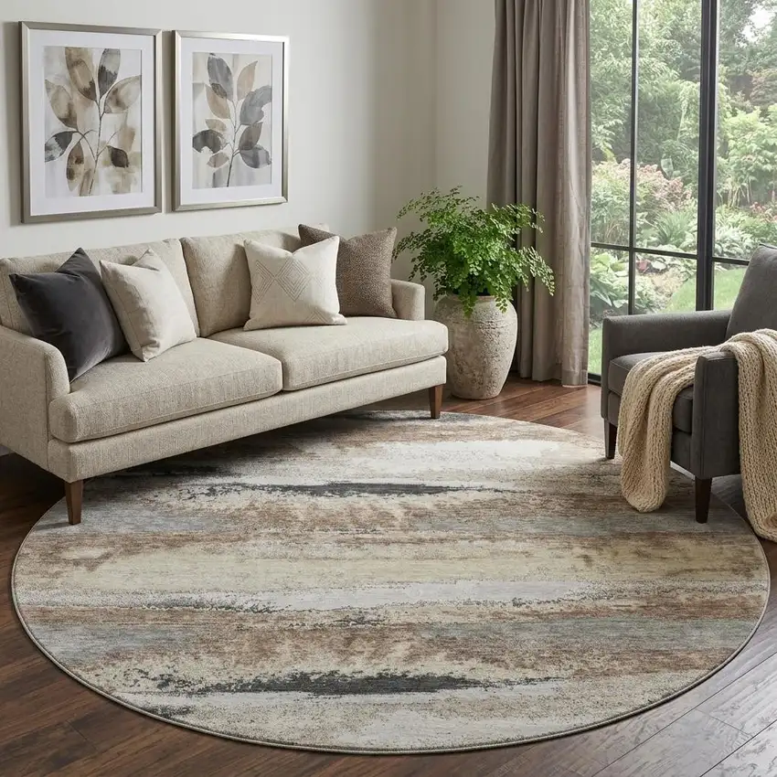 8' Taupe Beige And Brown Abstract Washable Round Rug With UV Protection Photo 1