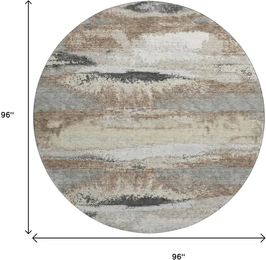 8' Taupe Beige And Brown Abstract Washable Round Rug With UV Protection Photo 9
