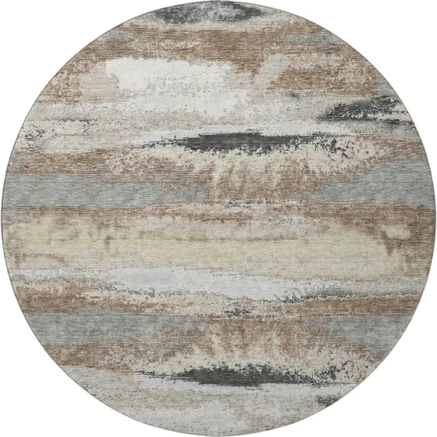 8' Taupe Beige And Brown Abstract Washable Round Rug With UV Protection Photo 3