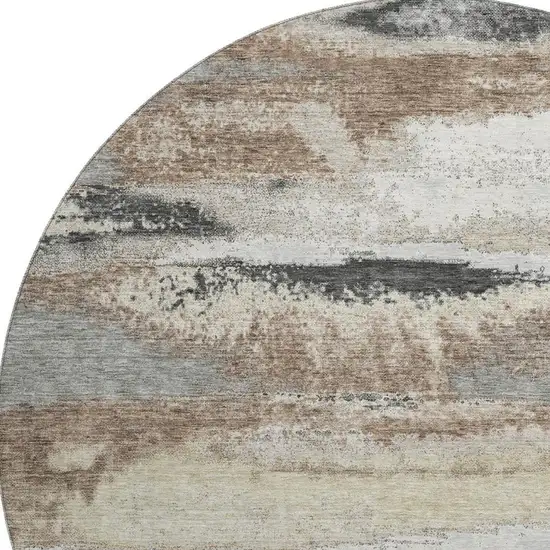 8' Taupe Beige And Brown Abstract Washable Round Rug With UV Protection Photo 2