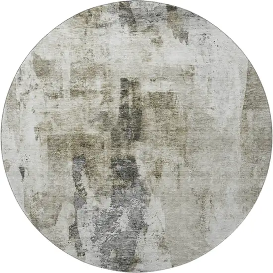 8' Taupe Beige And Brown Abstract Washable Round Rug With UV Protection Photo 3