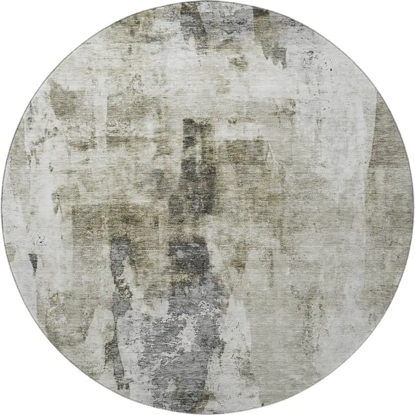8' Taupe Beige And Brown Abstract Washable Round Rug With UV Protection Photo 3