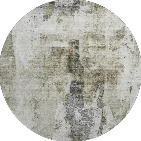 8' Taupe Beige And Brown Abstract Washable Round Rug With UV Protection Photo 2