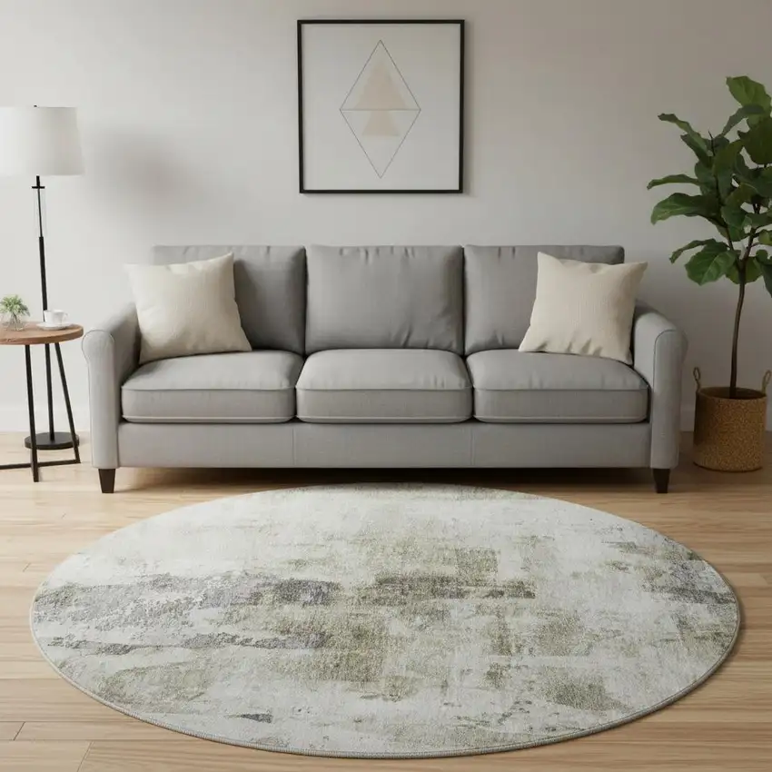 8' Taupe Beige And Brown Abstract Washable Round Rug With UV Protection Photo 2