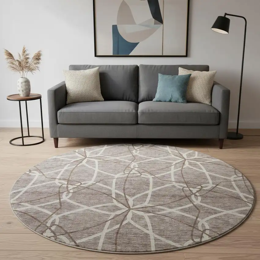 8' Taupe Beige And Brown Geometric Washable Round Rug With UV Protection Photo 2