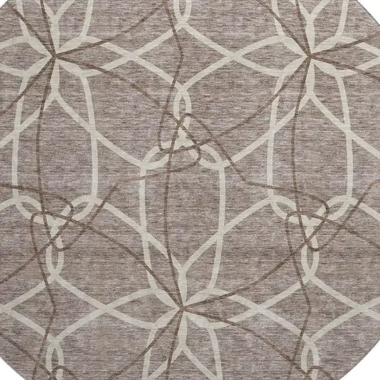 8' Taupe Beige And Brown Geometric Washable Round Rug With UV Protection Photo 2
