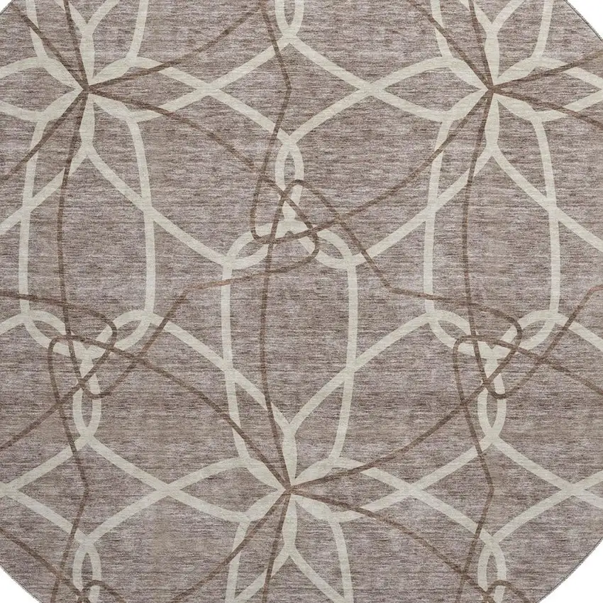 8' Taupe Beige And Brown Geometric Washable Round Rug With UV Protection Photo 2