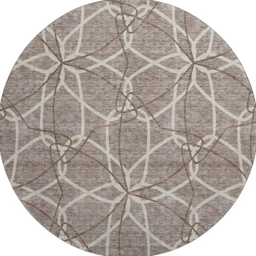 8' Taupe Beige And Brown Geometric Washable Round Rug With UV Protection Photo 3