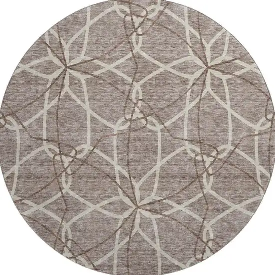 8' Taupe Beige And Brown Geometric Washable Round Rug With UV Protection Photo 3