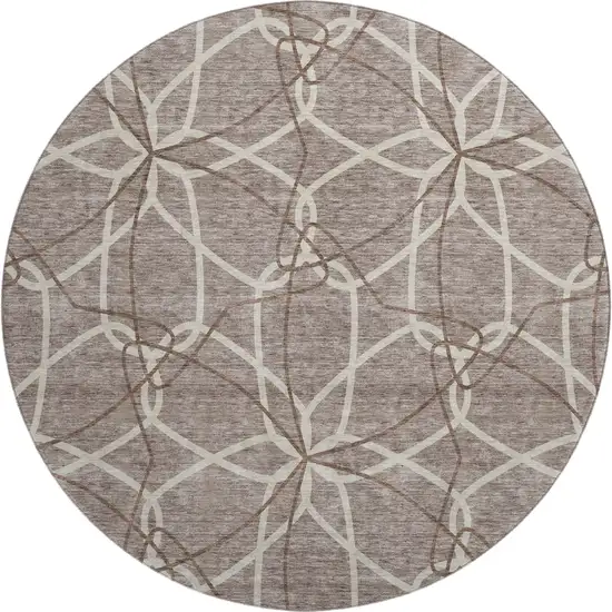 8' Taupe Beige And Brown Geometric Washable Round Rug With UV Protection Photo 1