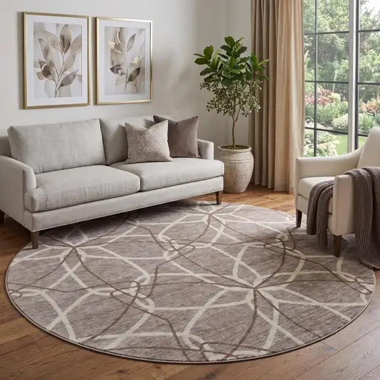 8' Taupe Beige And Brown Geometric Washable Round Rug With UV Protection Photo 1