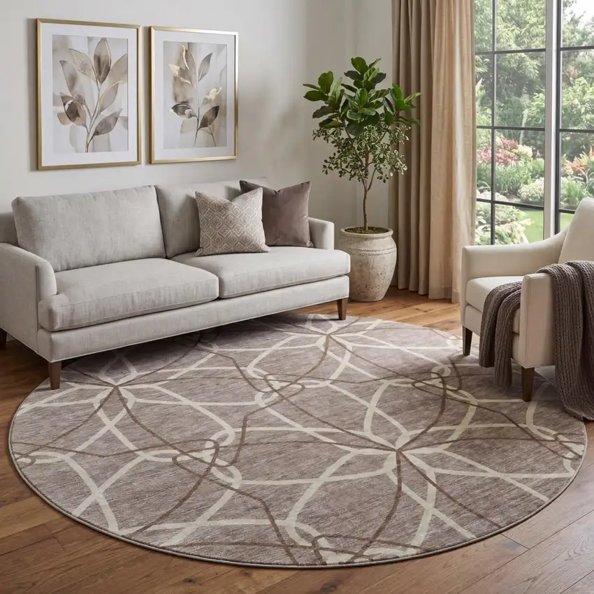 8' Taupe Beige And Brown Geometric Washable Round Rug With UV Protection Photo 1