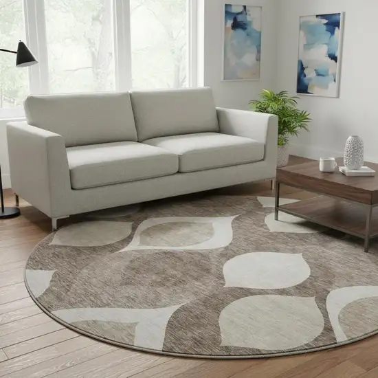 8' Taupe Beige And Brown Ogee Washable Round Rug With UV Protection Photo 2