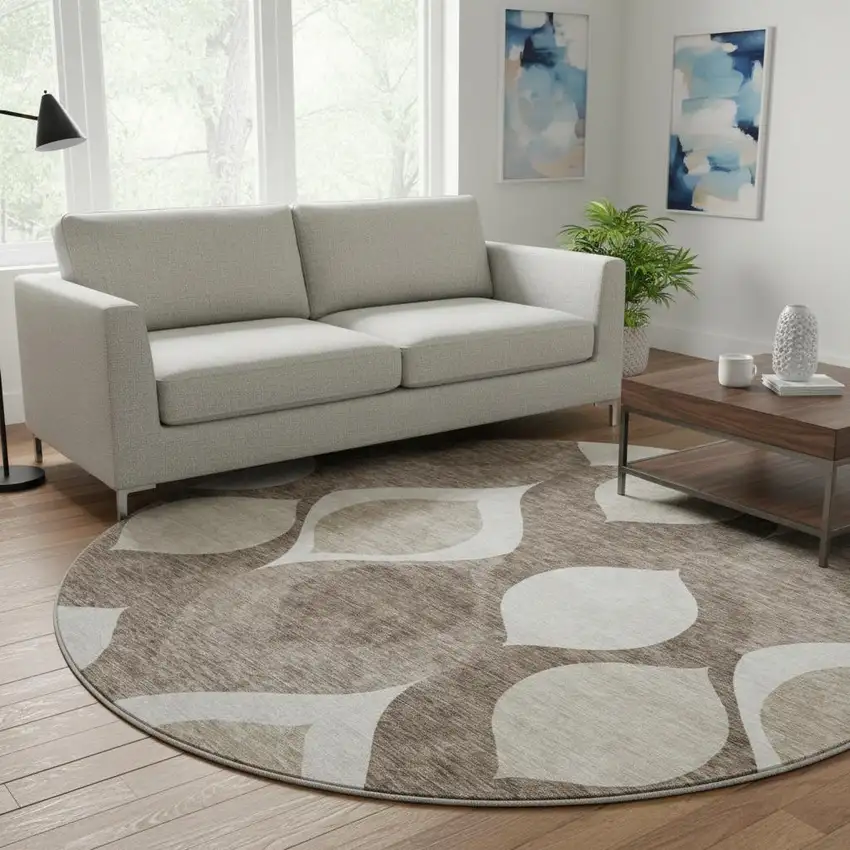 8' Taupe Beige And Brown Ogee Washable Round Rug With UV Protection Photo 2