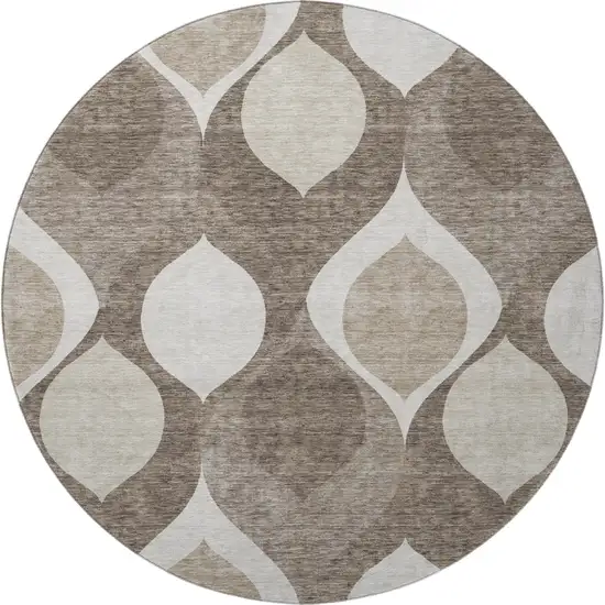 8' Taupe Beige And Brown Ogee Washable Round Rug With UV Protection Photo 4