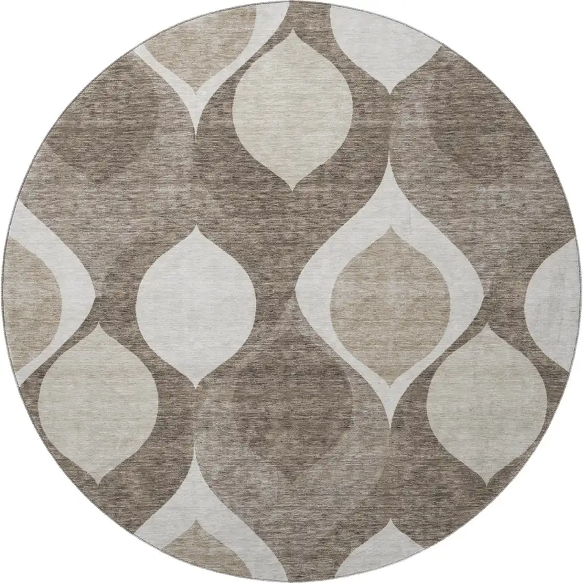 8' Taupe Beige And Brown Ogee Washable Round Rug With UV Protection Photo 4