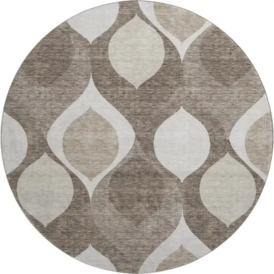 8' Taupe Beige And Brown Ogee Washable Round Rug With UV Protection Photo 1
