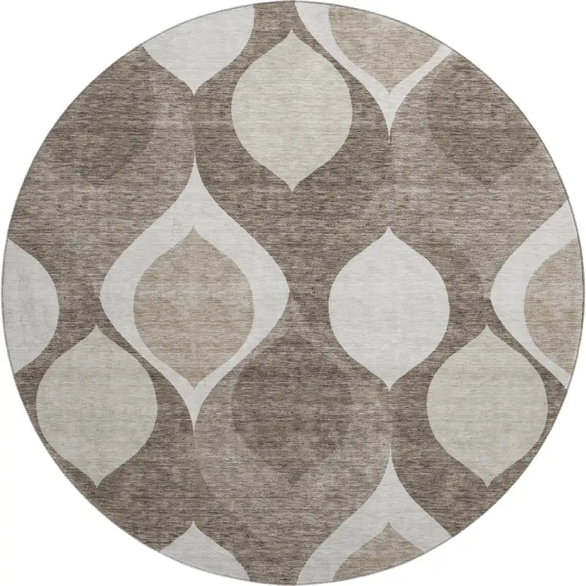 8' Taupe Beige And Brown Ogee Washable Round Rug With UV Protection Photo 1