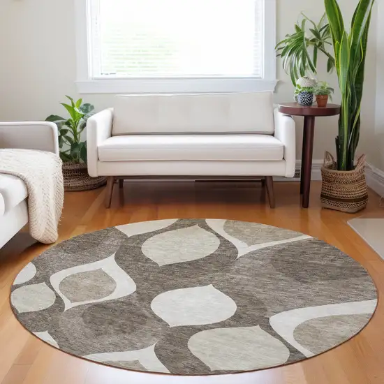 8' Taupe Beige And Brown Ogee Washable Round Rug With UV Protection Photo 5