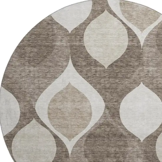 8' Taupe Beige And Brown Ogee Washable Round Rug With UV Protection Photo 3