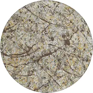Photo of 8' Taupe Beige And Brown Round Abstract Washable Indoor Outdoor Area Rug
