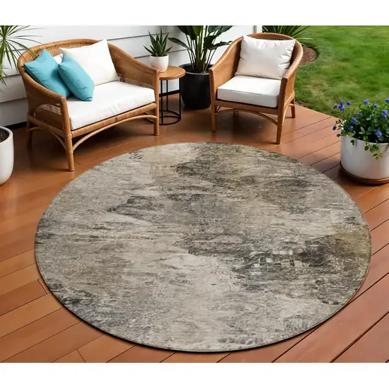 8' Taupe Beige And Brown Round Abstract Washable Indoor Outdoor Area Rug Photo 1