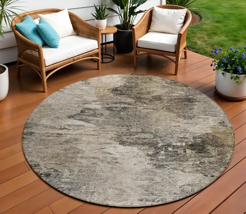 8' Taupe Beige And Brown Round Abstract Washable Indoor Outdoor Area Rug Photo 1