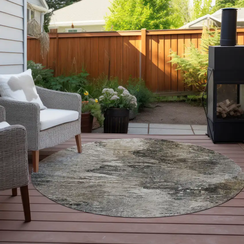 8' Taupe Beige And Brown Round Abstract Washable Indoor Outdoor Area Rug Photo 4