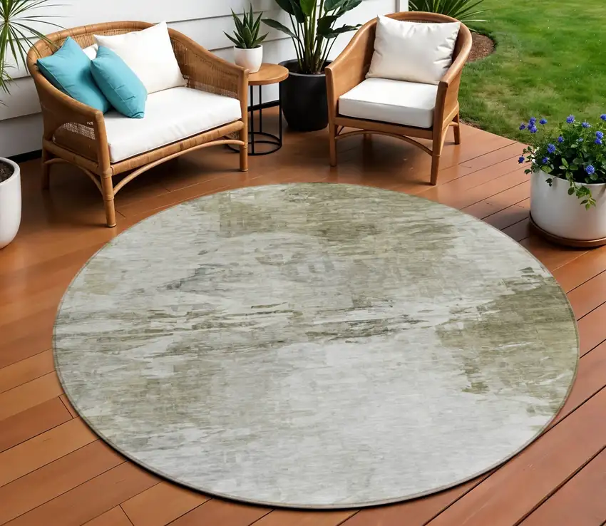 8' Taupe Beige And Brown Round Abstract Washable Indoor Outdoor Area Rug Photo 1