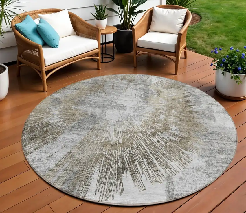 8' Taupe Beige And Brown Round Abstract Washable Indoor Outdoor Area Rug Photo 1