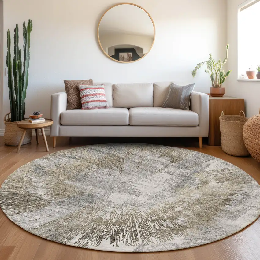 8' Taupe Beige And Brown Round Abstract Washable Indoor Outdoor Area Rug Photo 7