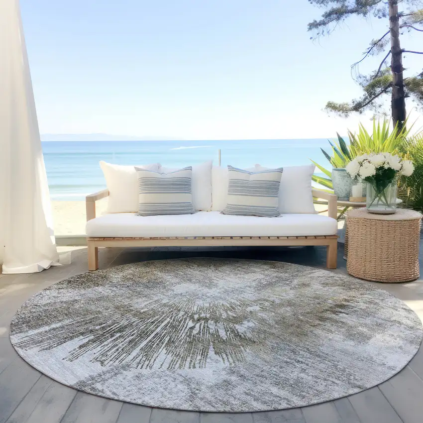 8' Taupe Beige And Brown Round Abstract Washable Indoor Outdoor Area Rug Photo 6