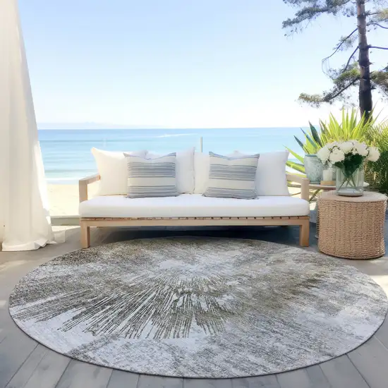8' Taupe Beige And Brown Round Abstract Washable Indoor Outdoor Area Rug Photo 6