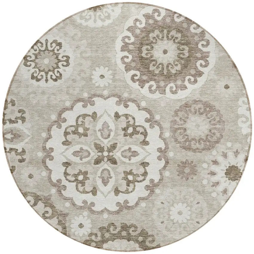 8' Taupe Beige And Brown Round Floral Medallion Washable Indoor Outdoor Area Rug Photo 5