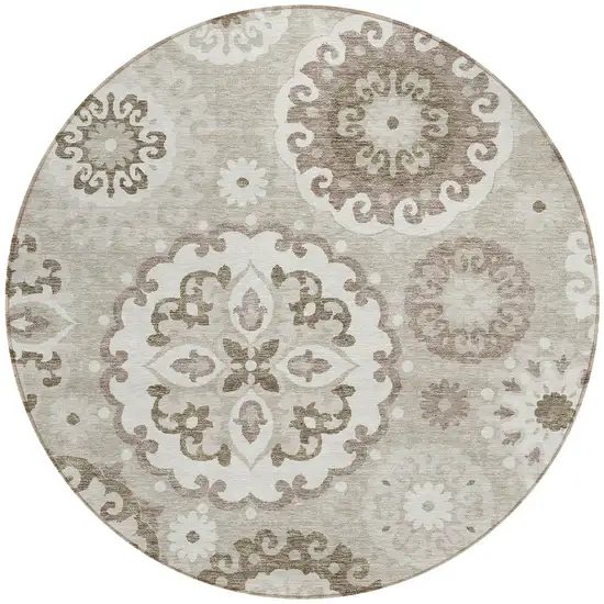 8' Taupe Beige And Brown Round Floral Medallion Washable Indoor Outdoor Area Rug Photo 5