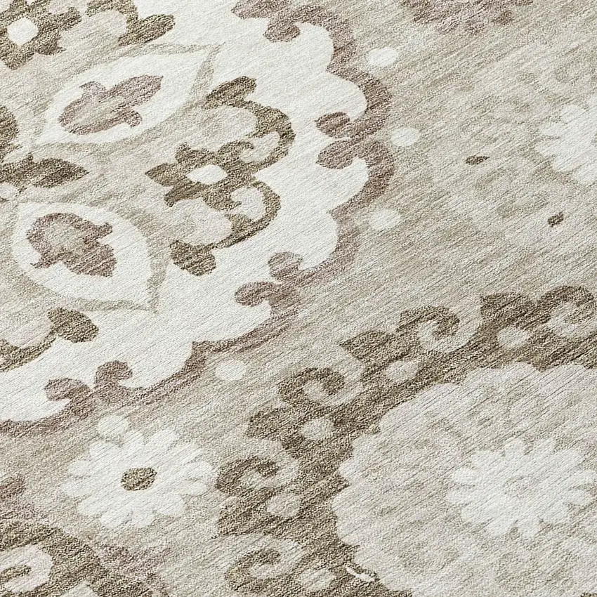 8' Taupe Beige And Brown Round Floral Medallion Washable Indoor Outdoor Area Rug Photo 9