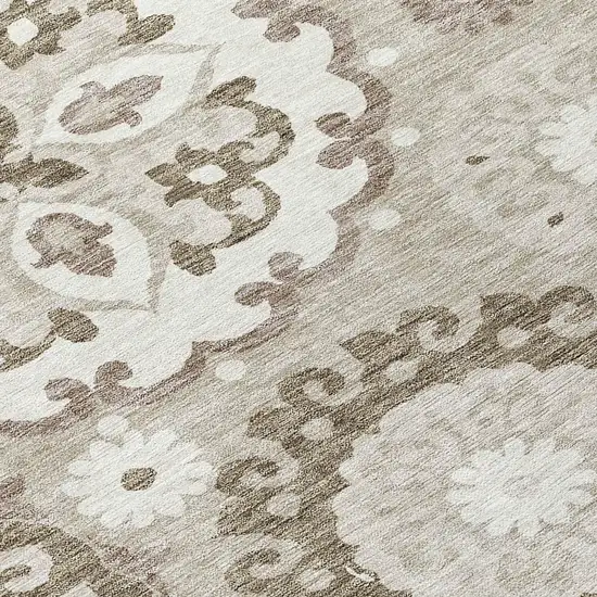 8' Taupe Beige And Brown Round Floral Medallion Washable Indoor Outdoor Area Rug Photo 9